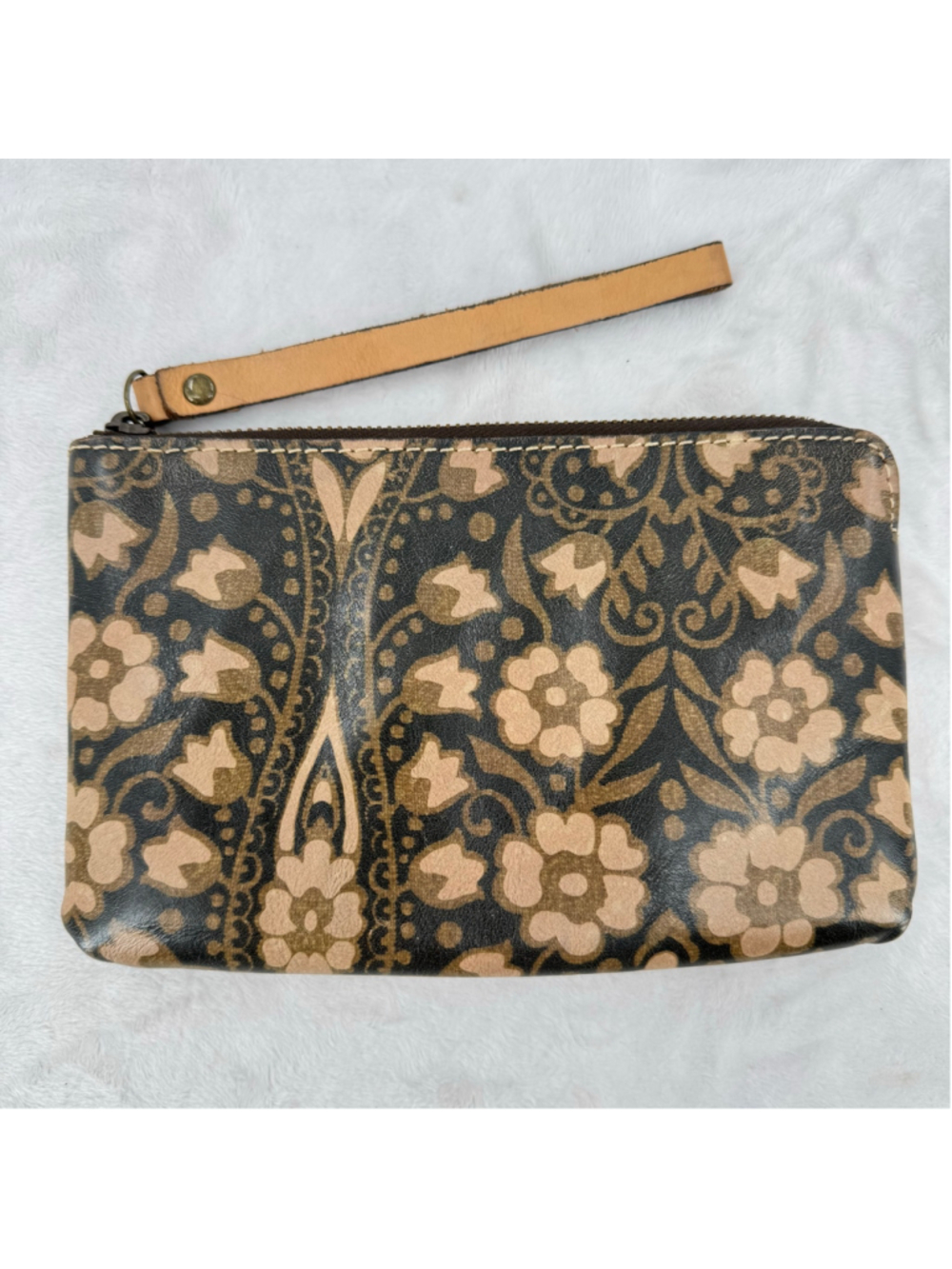 Patricia Nash Wristlet Brown Floral Italian Leather Boho Purse Wallet Clutch